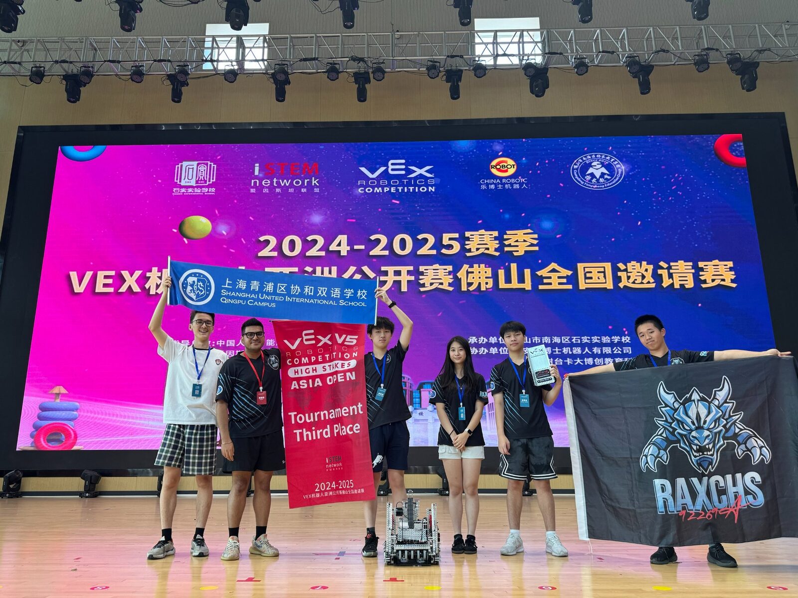 VEX Robotics coach Sushil Lamba with Team RAXCHS winning 3rd Place at VEX V5 Asia Open 2024-2025 competition